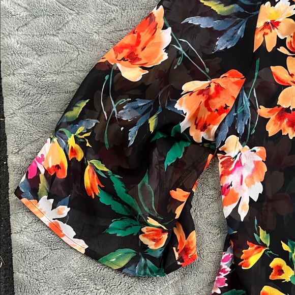 Avenue Black Floral Wrap Kimono with Orange, Yellow & Green Accents - Picture 4 of 5
